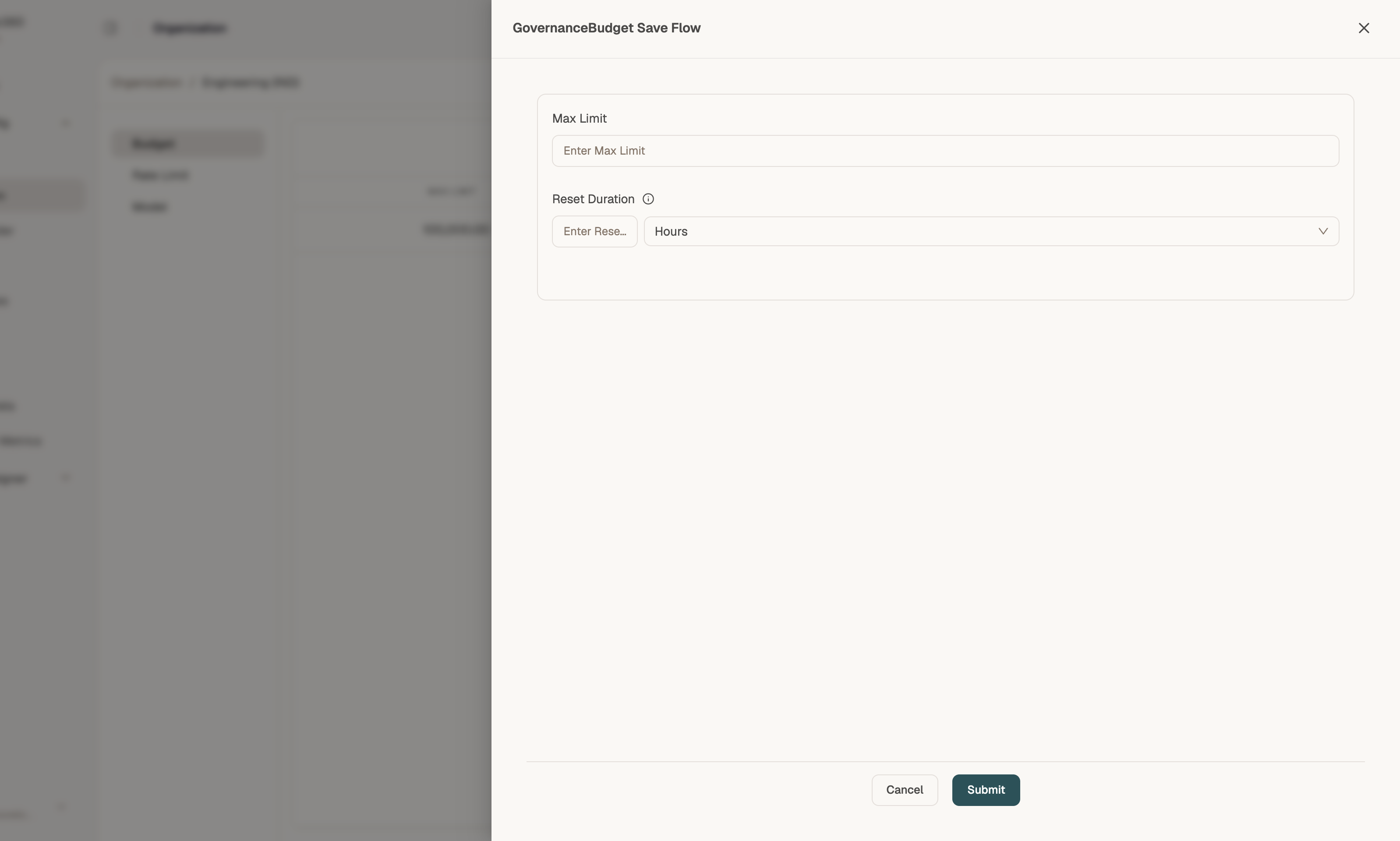 GovernanceBudget create form with max limit and reset duration