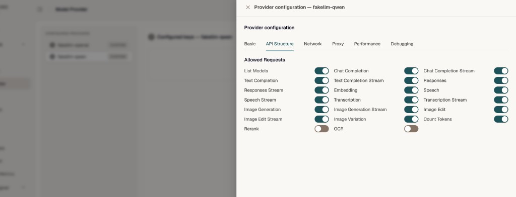 Provider configuration API Structure tab with Allowed Requests toggles