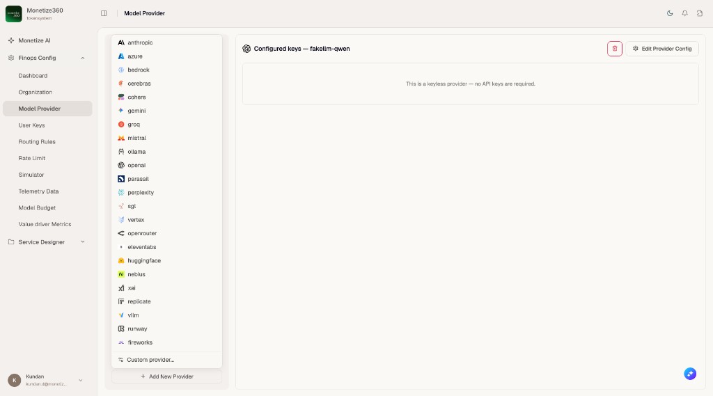 Monetize360 Model Provider page with provider list and configured keys for a keyless provider