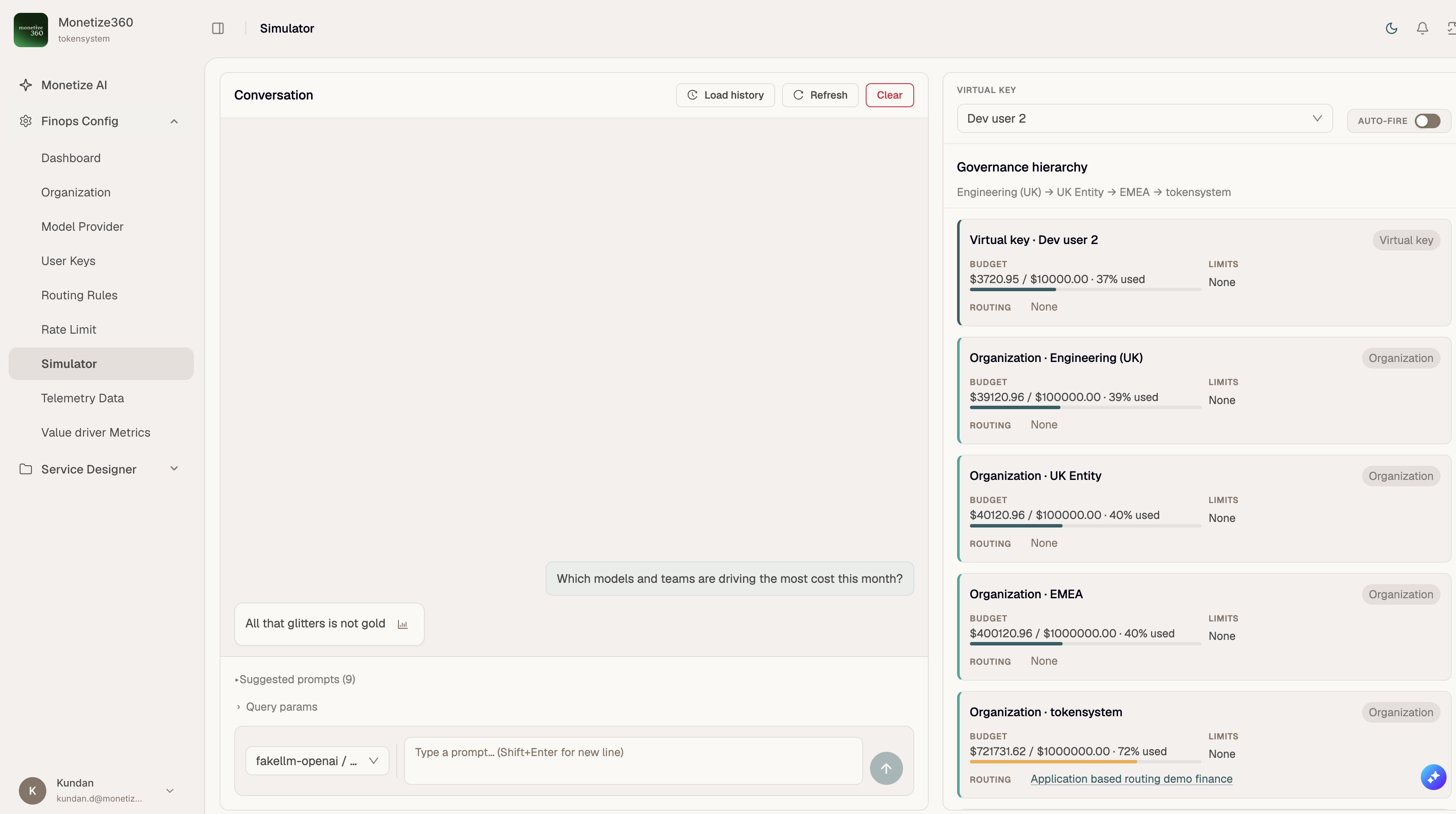 FinOps Simulator with conversation panel and governance hierarchy
