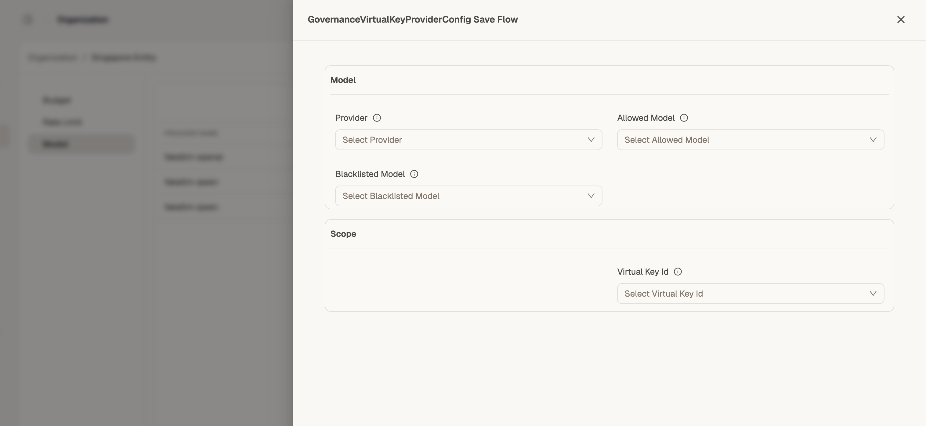 Virtual key scoped model configuration form