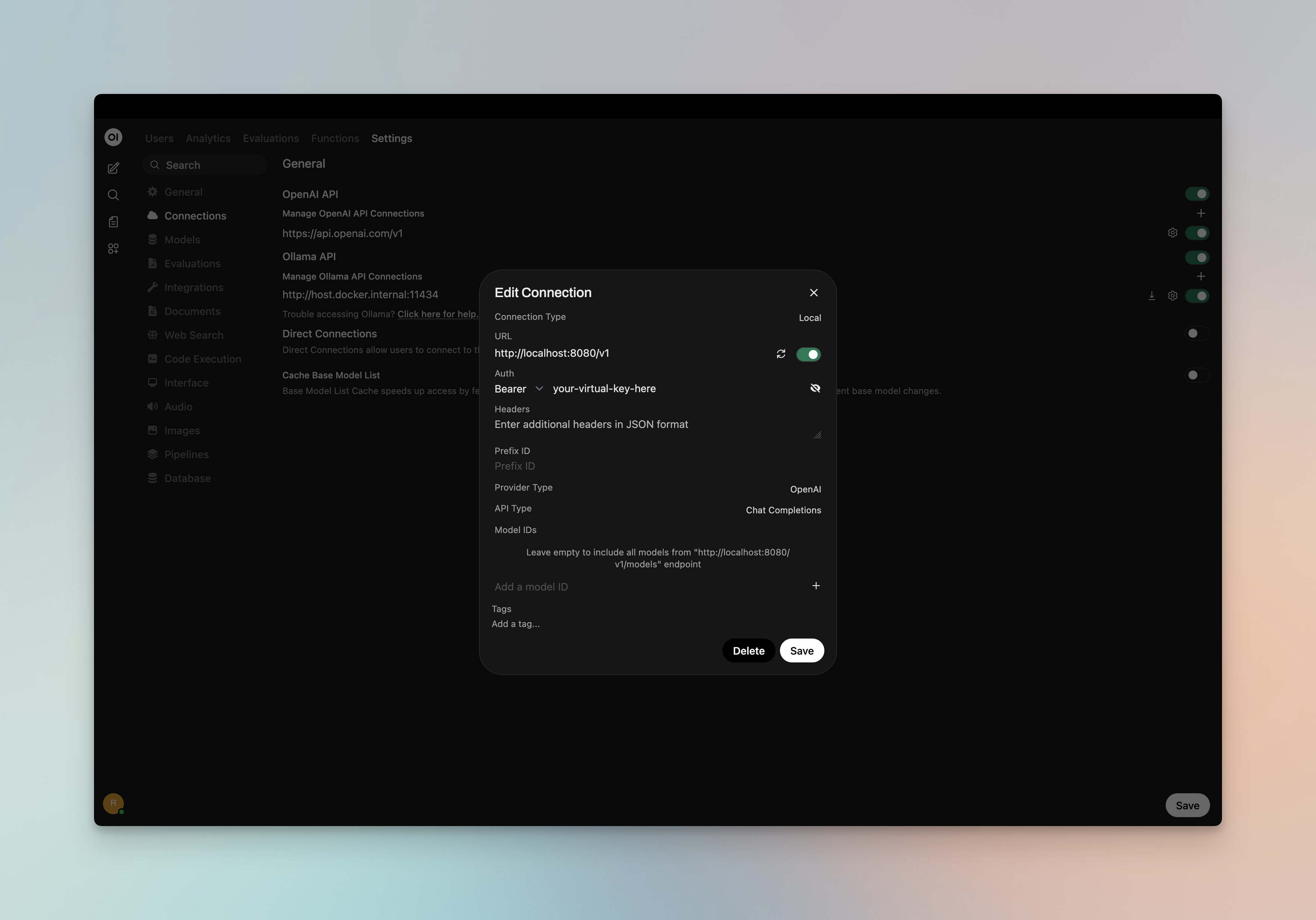 Adding FinOps as a connection in Open WebUI Admin Settings